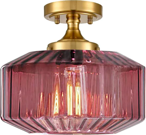 Miniatura 31 de Moderna lámpara de techo semiempotrada rosa rubor con base dorada cepillada, lámpara de dormitorio para dormitorio de niñas, guardería, pasillo