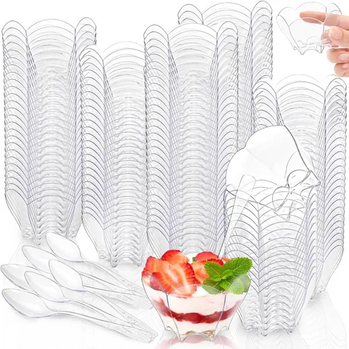Miniatura 9 de Tebery Paquete de 100 mini tazas de postre Parfaits con 100 cucharas, cuenco pequeño transparente de 2.5 onzas para probar postres de fiesta