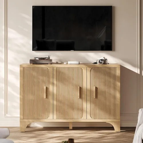 Miniatura 5 de Gabinete de buffet acanalado moderno de mediados de siglo con almacenamiento, aparador decorativo y armario de almacenamiento de credenza con Roble