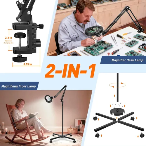 Miniatura 4 de KIRKAS Lupa de piso grande 12X con luz y soporte, color infinito regulable 2 en 1 lámpara de lupa iluminada para trabajo cercano, lectura