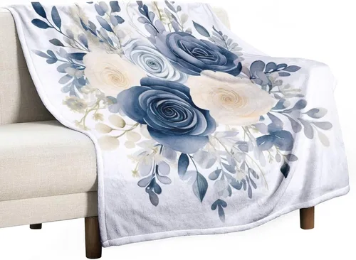 Miniatura 38 de Manta de flores de acuarela azul marino, bohemias, manta de acuarela floral con coronas de rosas y hojas de peonías, lujosa, cálida y acogedora