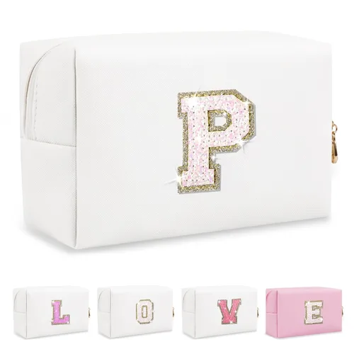Miniatura 36 de Pequeña bolsa de maquillaje personalizada con inicial A-Z Preppy Patch, bolsa de cosméticos de viaje de felpilla blanca con cremallera, bonita bolsa