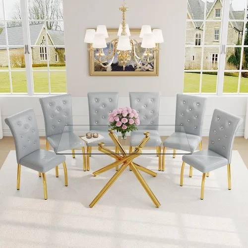 Miniatura 45 de Juego de mesa de comedor moderna para mesa de comedor negra de 4,63 pulgadas, juego de 4 con patas de metal dorado, mesa de cocina rectangular