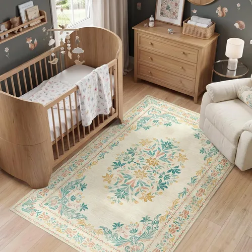 Miniatura 105 de Jinchan Fiora - Alfombra redonda de 8 pies, alfombras vintage con diseño floral envejecido, lavable a máquina, antideslizante, de pelo bajo, Azul