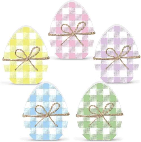 Whaline 5 letreros de madera de huevo de Pascua con forma de huevo de búfalo colorido con forma de huevo de granja, decoración de bandeja escalonada