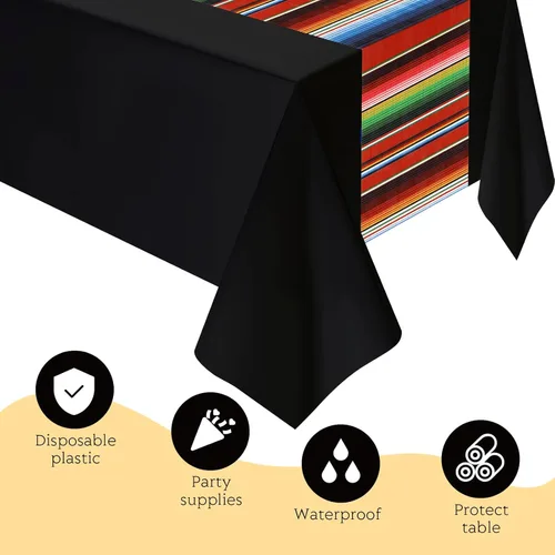 Miniatura 3 de Hosuly Mantel de plástico para fiesta mexicana, 6 unidades, 54 x 108 pulgadas, mantel de plástico a rayas para decoración de fiesta mexicana