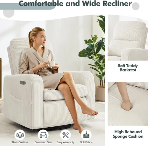 Miniatura 7 de Mecedora Reclinable Giratoria, Reclinable Eléctrico de Gran Tamaño con Cojín Removible, Sillas de Guardería Reclinables Giratorias Tapizadas