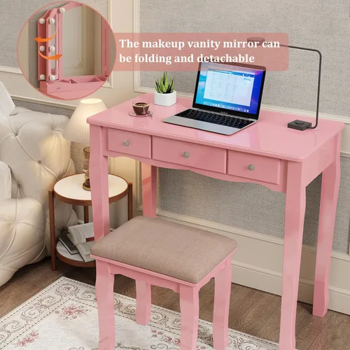 Miniatura 5 de YIXHQ Tocador con luces para niñas, juego de escritorio con cajones, tocador de maquillaje con espejo y luces, tocador de maquillaje rosa