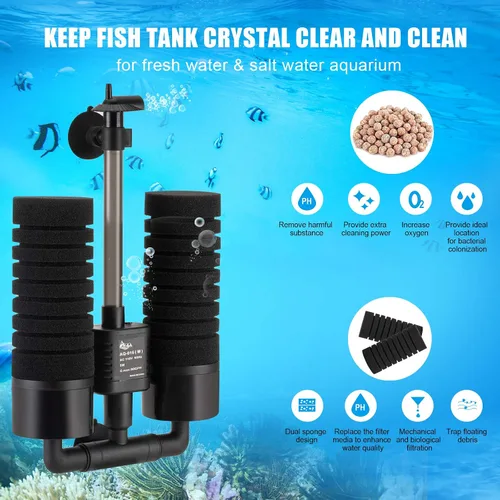 Miniatura 2 de AQQA Filtro de agua de esponja para acuario, filtro bioquímico doble accionado por potencia, filtro de espuma sumergible silencioso con 2 esponjas