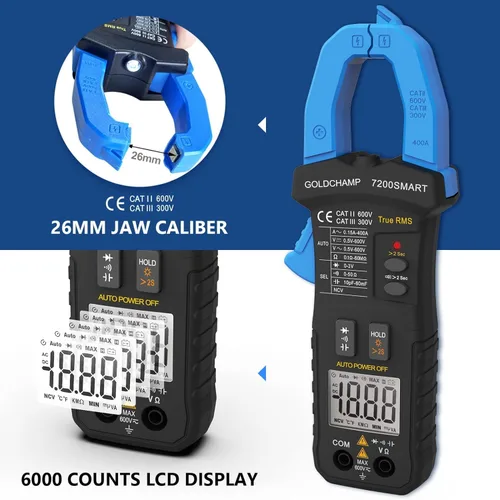 Miniatura 4 de Abrazadera digital 6000 cuentas, multímetro TRMS de rango automático mide voltaje CA/CC, resistencia, capacitancia, continuidad, diodo, NCV