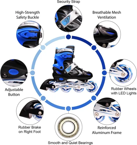 Miniatura 8 de Xino Sports Patines en línea para niños y niñas – Patines ajustables con ruedas iluminadas LED – Patines juveniles para interiores y exteriores Azul