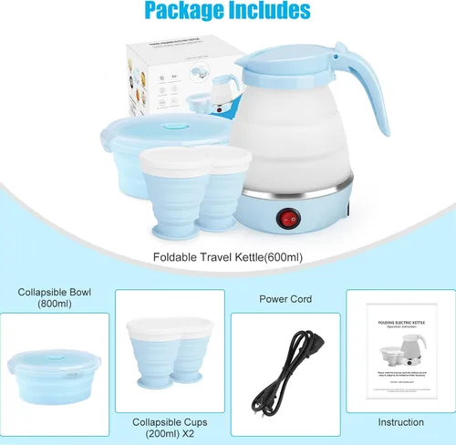 Miniatura 7 de Hervidor Eléctrico Plegable de Viaje, Hervidor Portátil para Agua Caliente Rápida para Té y Café, con 1 Tazón Plegable y 2 Tazas, Silicona de Grado