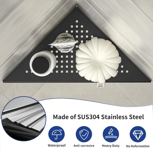 Miniatura 2 de Estante de Ducha de Esquina, Acero Inoxidable 304 Negro Mate de 10 pulgadas con Rejilla Empotrada para Pared de Azulejos, Estante de Baño Empotrado