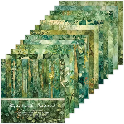 Miniatura 10 de Bloc de papel para álbum de recortes, 6 x 6 pulgadas, 24 hojas de papel de manualidades con patrón de bosque verde para diario basura, collage