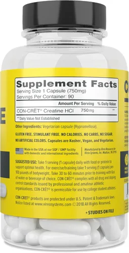 Miniatura 7 de CON-CRET Cápsulas de creatina HCl Apoyo muscular, cognitivo y de energía celular Sin hinchazón ni calambres Fabricado en EE. UU. y certificado