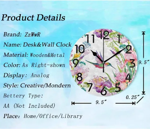 Miniatura 2 de Spring Hummingbird - Reloj de pared redondo con estampado de flores, 9.5 pulgadas, funciona con pilas, reloj de escritorio analógico silencioso