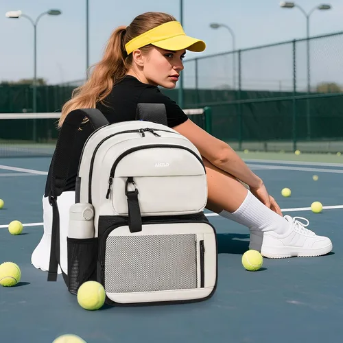 Miniatura 5 de ANILD Bolsa de tenis multideportiva para 2 raquetas con compartimento ventilado para zapatos para hombres y mujeres, Beige, Grande, Bolsa de tenis