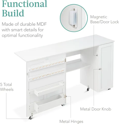 Miniatura 7 de Best Choice Products Mesa de costura plegable grande, estación de manualidades portátil multiusos y escritorio lateral con diseño compacto, ruedas