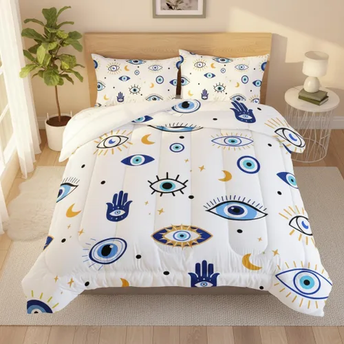 AILONEN Juego de edredón de ojo turco tamaño individual, cama moderna de mal de ojo en una bolsa para niños y niñas, hermoso juego de ropa de cama