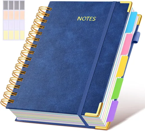 Miniatura 57 de Cuaderno universitario de espiral con tapa dura de cuero de 8 x 10 pulgadas, con pestañas separadoras extraíbles, para 5 materias, a rayas; diario