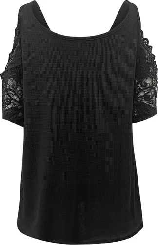 Miniatura 4 de KNFATEQVEDG Camisetas de manga corta con cuello en V y cremallera para mujer, talla grande, con hombros descubiertos, blusas de verano sexy, Negro