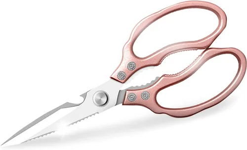 AWinjoy Tijeras de cocina, resistentes y afiladas aptas para lavavajillas, accesorios de cocina color oro rosa para carne, pollo, pescado, aves de