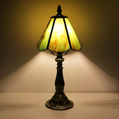 Miniatura 8 de Small Tiffany Table Lamp Amber Green Stained Glass Desk Lamps 6X6X14 Inch Bronze Resin Base Antique Mini Accent Light