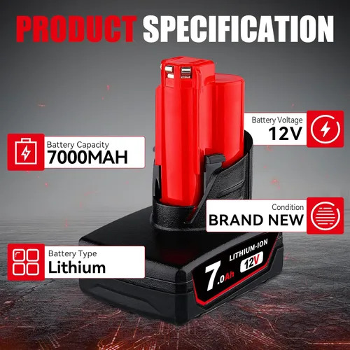Miniatura 2 de Paquete de 2 piezas de repuesto de iones de litio de 12 V 7.0 Ah 48-11-2460 para batería de 12 V Milwaukee 48-11-2410 48-11-2420 48-11-2411