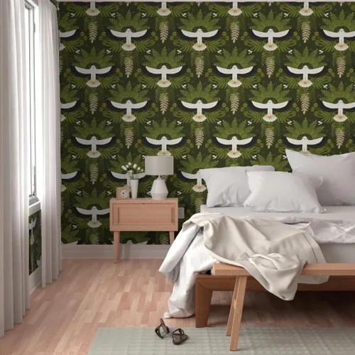 Miniatura 5 de Muestra de papel tapiz extraíble – Woodland Damasco Botánico Pájaro Botánico Moderno Selva Halcón Búho Helecho Hojas Papel pintado personalizado