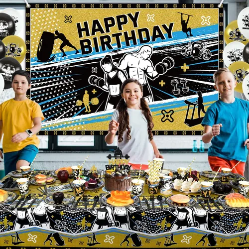 Miniatura 6 de KEFAN Decoraciones de fiesta de gimnasio, paquetes de suministros para fiesta de cumpleaños, levantamiento de pesas, deportes, suministros de fiesta