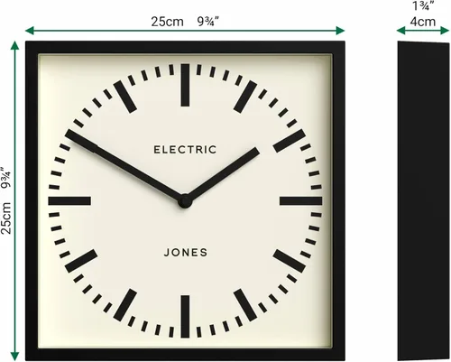 Miniatura 4 de JONES CLOCKS® Reloj de pared Box Railway Reloj de estación cuadrada 10 pulgadas Negro Aspecto de diseñador genial para cocina, sala de estar