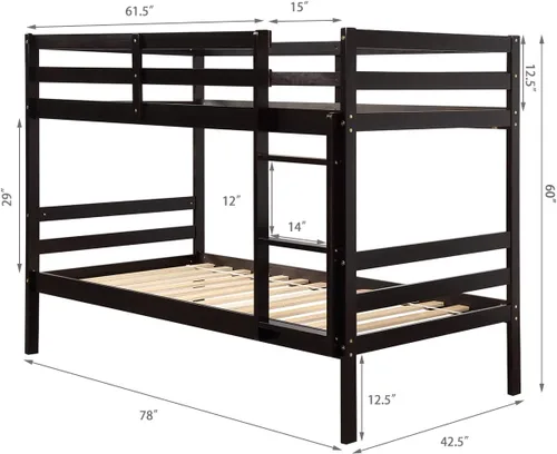 Miniatura 3 de Costzon Literas de tamaño individual sobre individual, dos camas convertibles de madera, litera de madera maciza de goma con escalera integrada