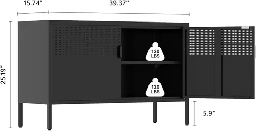 Miniatura 3 de Gabinete de almacenamiento de metal, soporte de TV de 2 puertas, gabinete de acento de malla metálica, cierre de puerta magnético, gabinetes de Negro