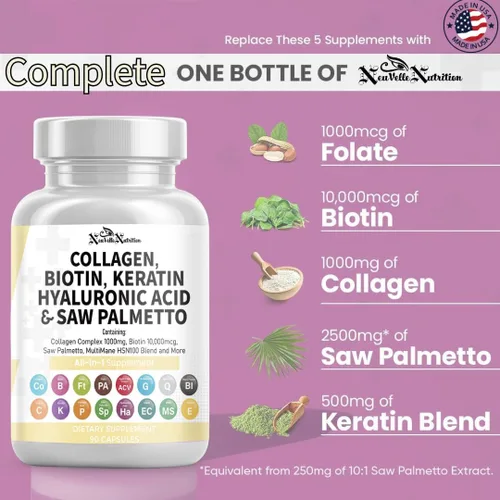 Miniatura 5 de Suplemento de colágeno 16 en 1, péptidos tipo I, II, III y V con biotina, queratina, ácido hialurónico, palma enana americana, vitaminas C y E