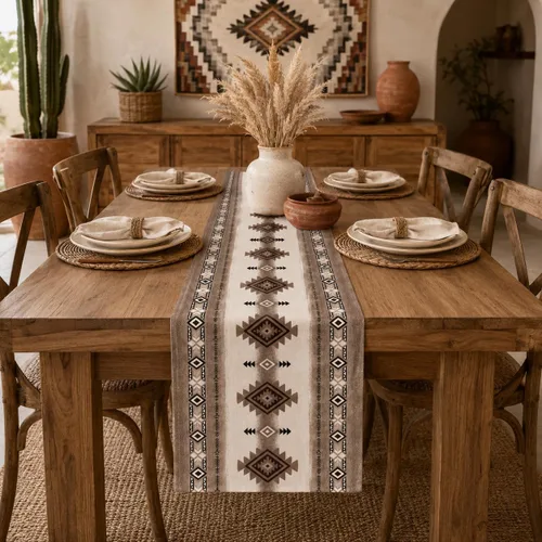 Miniatura 108 de Camino de mesa étnico del suroeste, navajo tribal nativo americano, bohemio, patrón geométrico azteca, camino de mesa para cocina, mesa de comedor