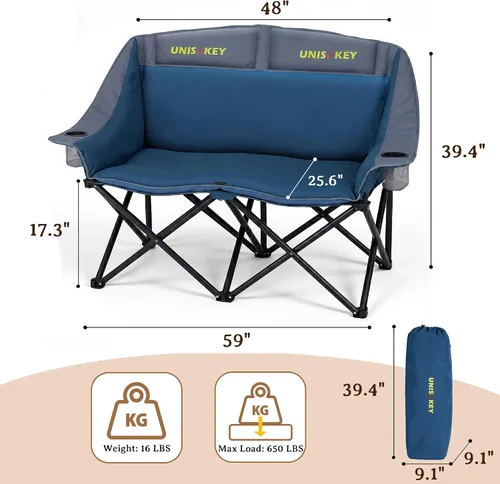 Miniatura 3 de Unisakey Silla de campamento doble, sofá biplaza acolchado de gran tamaño, silla plegable resistente de 650 libras con portavasos y bolsa