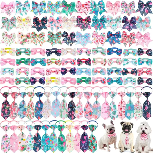 Miniatura 15 de Reginary El juego de 100 piezas de collar de corbatín para perro incluye 40 corbatas para perros y 30 corbatines para cachorros, 30 flores