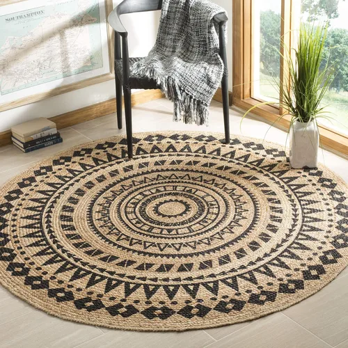 SAFAVIEH Colección Natural Fiber - Alfombra de área redonda de 3 pies, color negro y natural, hecha a mano con mandala boho de yute trenzado, ideal