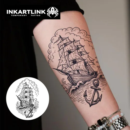 INKARTLINK Tattoo Tech, 2 hojas de tatuaje semipermanente mediano, tatuajes temporales de diseño artístico para adultos, dura 1-2 semanas, Barco de