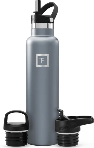 Miniatura 45 de IRON °FLASK Botellas de agua de campamento/senderismo, 3 tapas (estrecha con popote), sin fugas, aisladas al vacío, acero inoxidable de doble pared