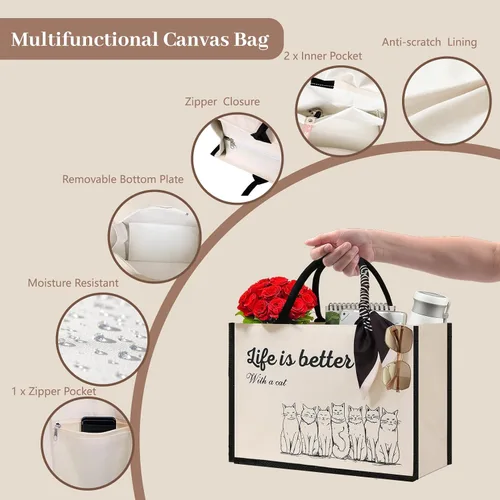 Miniatura 9 de Cute Tote Bags, 16Oz, 3 Pockets, Cat Large Canvas Tote Bags for Women, Anti-Scratch Lining Large Tote Bag with Zipper