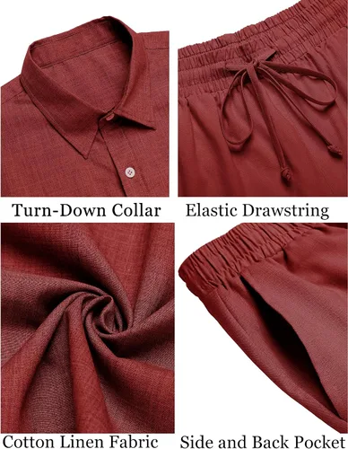 Miniatura 11 de COOFANDY Conjunto de 2 piezas de algodón y lino para hombre, camisas de manga corta con botones, pantalones cortos de playa de verano, trajes