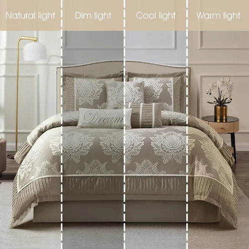 Miniatura 5 de Grand Avenue - Juego de edredón beige tamaño Queen, jacquard con juego de ropa de cama a juego de piezas sólidas, para todas las estaciones, faldón