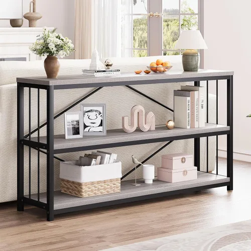 Miniatura 3 de LVB Mesa Consola Industrial de Granja, Mesas de Sofá de Entrada de Metal y Madera con Almacenamiento, Mesa de Entrada Rústica Larga de 3 Niveles