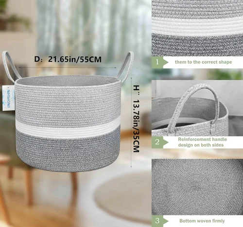 Miniatura 2 de Cesta de cuerda tejida XXXL de 21.65 x 13.78 pulgadas, canasta decorativa para sala de estar, juguetes, sofá, mantas, toallas o cuarto del bebé