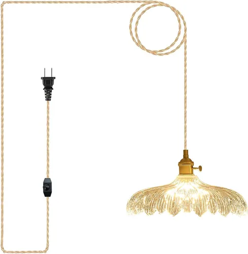 Miniatura 14 de Lámpara colgante, 9.8 pulgadas, luces colgantes para isla de cocina, cable trenzado, lámpara colgante de flores, lámpara colgante vintage, lámpara