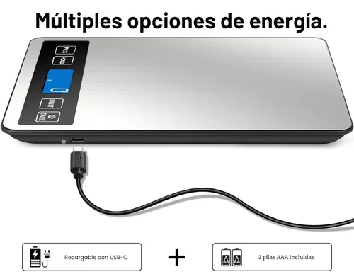 Miniatura 6 de Fuzion Báscula de alimentos, báscula digital de cocina de 1 g/0.1 oz, 22 libras, 7 unidades, tara y PC, potencia recargable, vidrio templado y acero