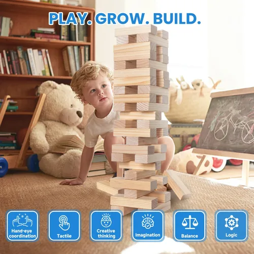 Miniatura 3 de PetGirl Torre gigante de caída de 54 piezas, juego de apilamiento de madera jumbo de más de 4 pies para niños y adultos, juego de pino de primera