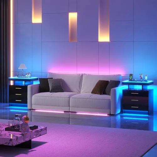 Miniatura 8 de HNEBC Mesita de noche LED con estación de carga, mesita de noche inteligente con luces de sensor de movimiento, 3 cajones, parte superior de vidrio