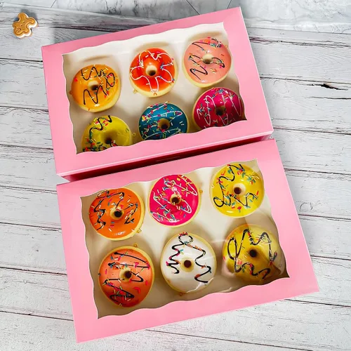 Miniatura 8 de Paquete de 15 cajas de pastelería rosa para panadería de 12 x 8 x 2.5 pulgadas, donas grandes, magdalenas, cajas de galletas con ventana de PVC